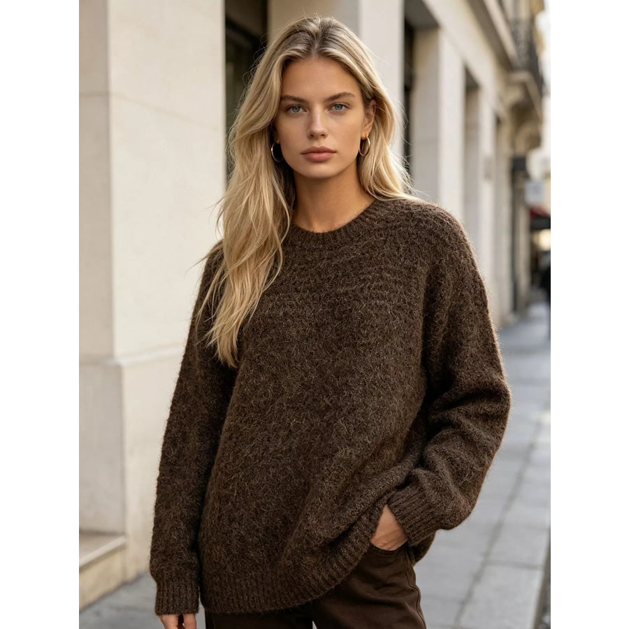 Round Neck Drop Shoulder Sweater Dark Brown / S Apparel and Accessories