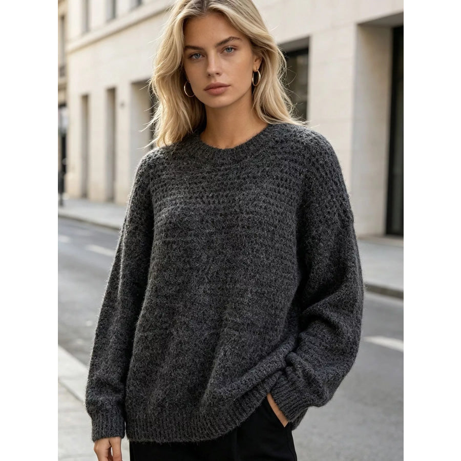 Round Neck Drop Shoulder Sweater Dark Gray / S Apparel and Accessories