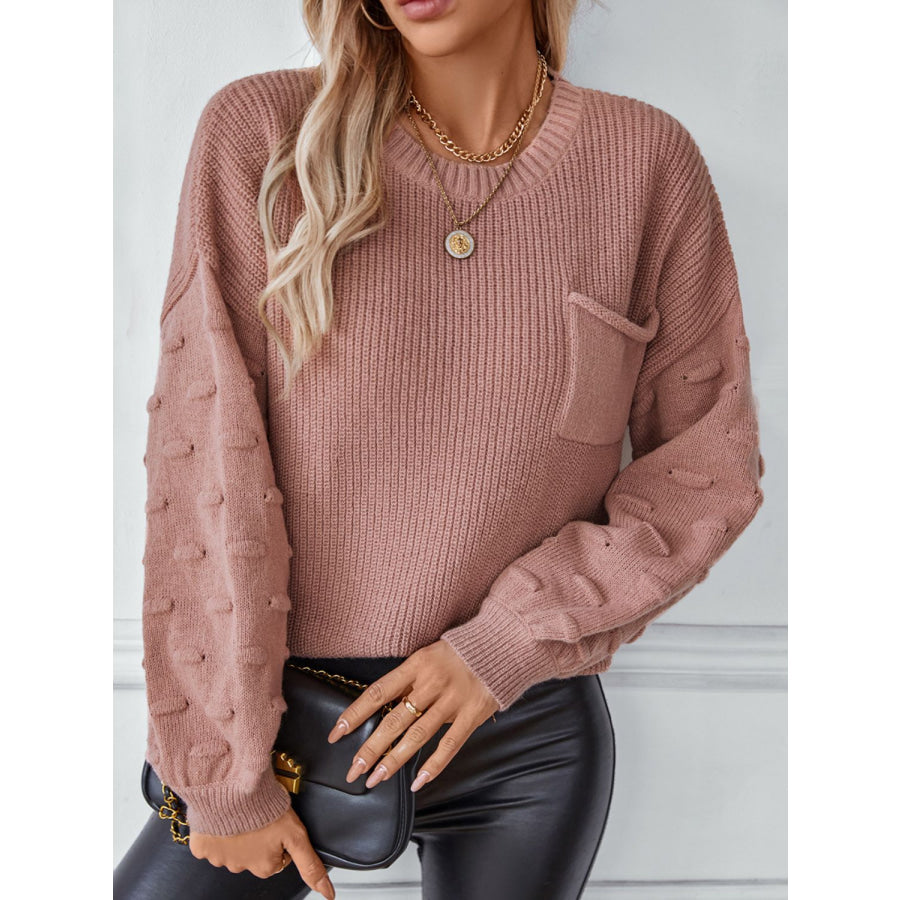 Round Neck Drop Shoulder Sweater Dusty Pink / S Apparel and Accessories