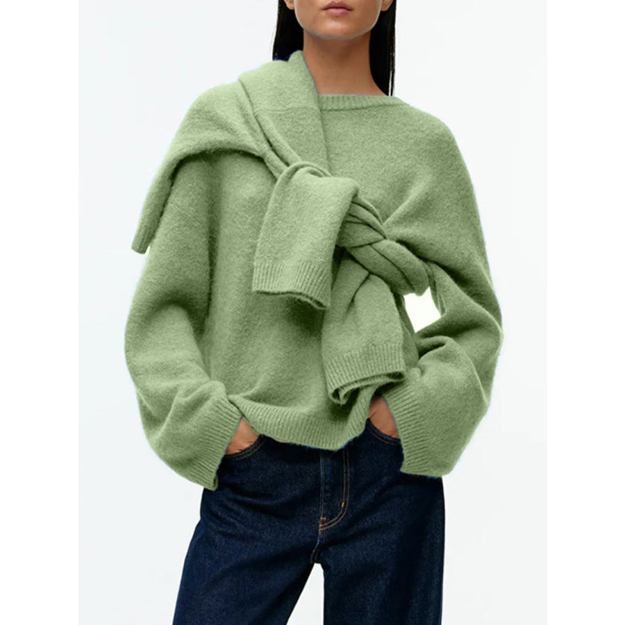 Round Neck Drop Shoulder Sweater Gum Leaf / One Size Apparel and Accessories