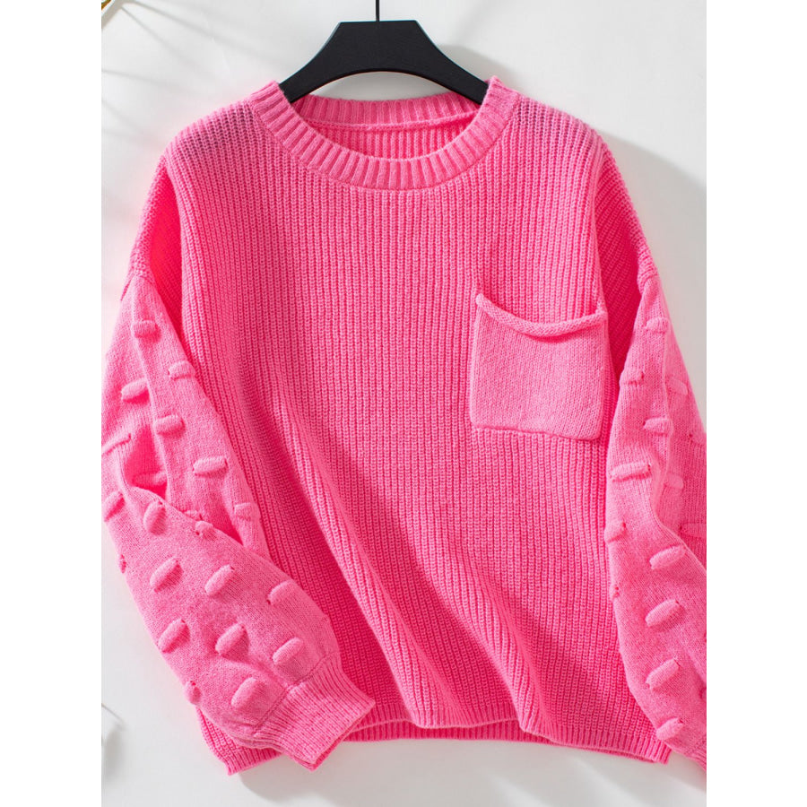 Round Neck Drop Shoulder Sweater Hot Pink / S Apparel and Accessories