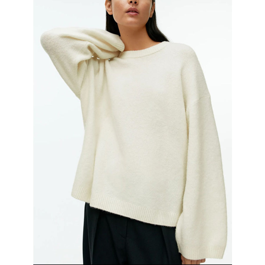 Round Neck Drop Shoulder Sweater Ivory / One Size Apparel and Accessories