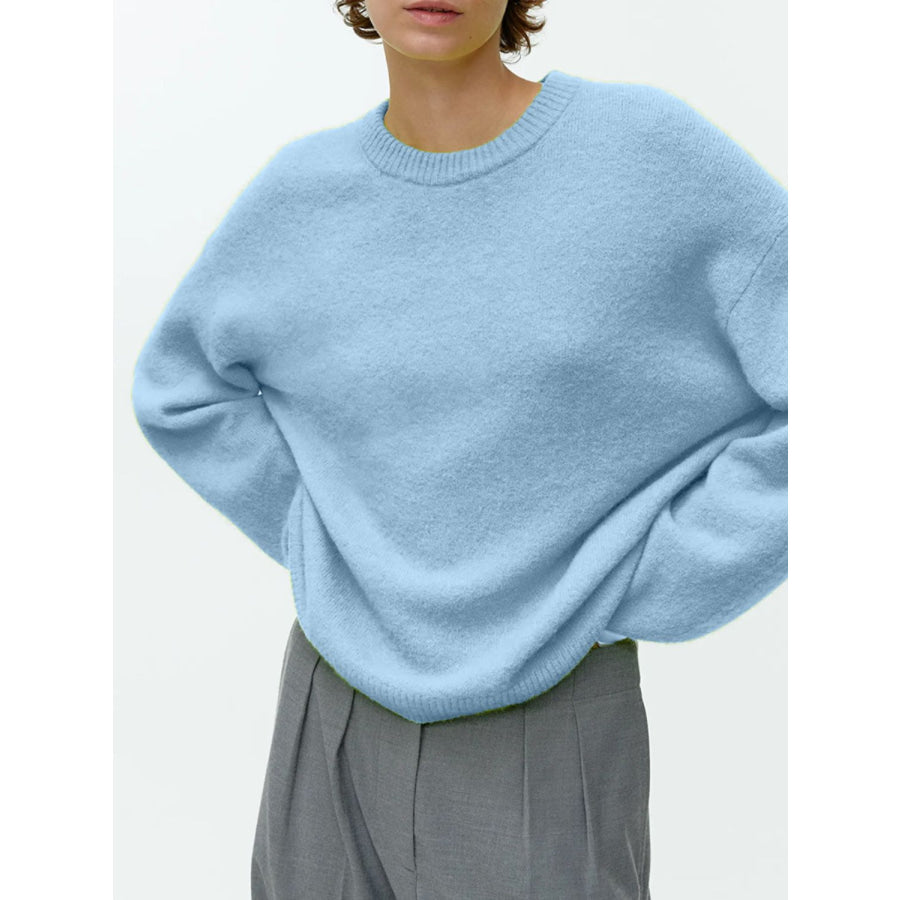 Round Neck Drop Shoulder Sweater Light Blue / One Size Apparel and Accessories