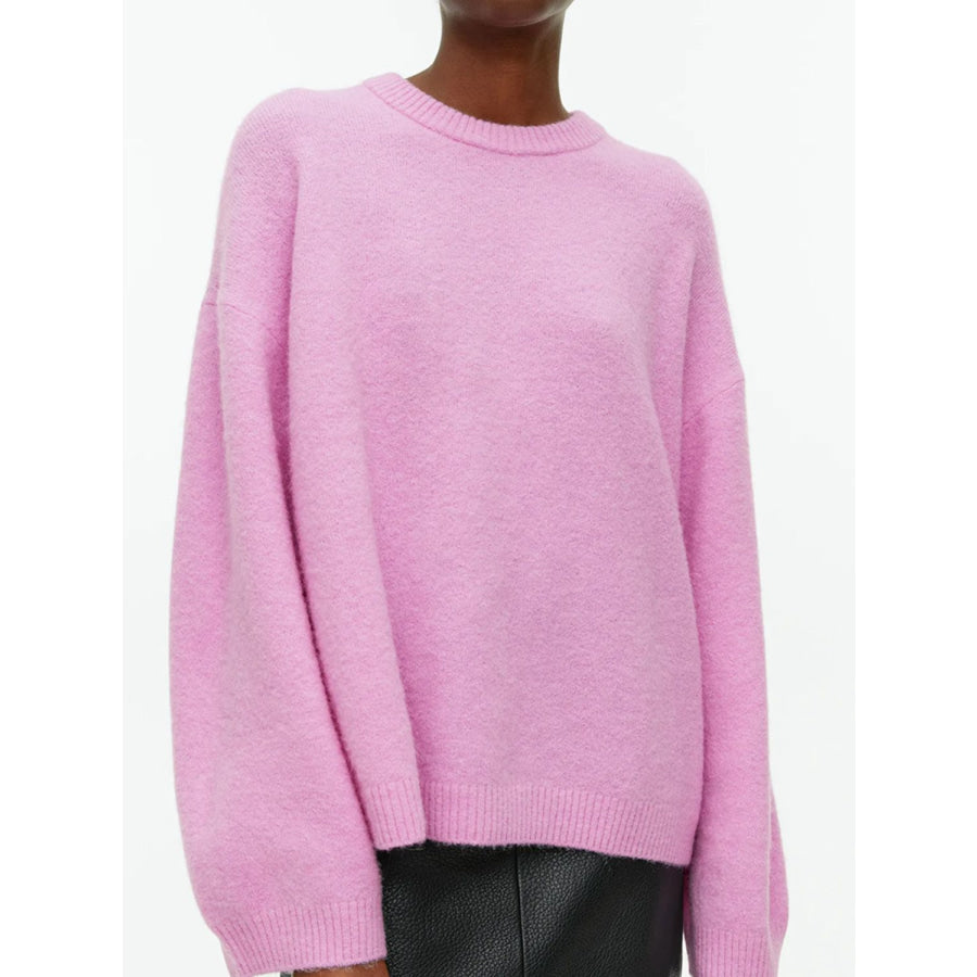 Round Neck Drop Shoulder Sweater Pink / One Size Apparel and Accessories