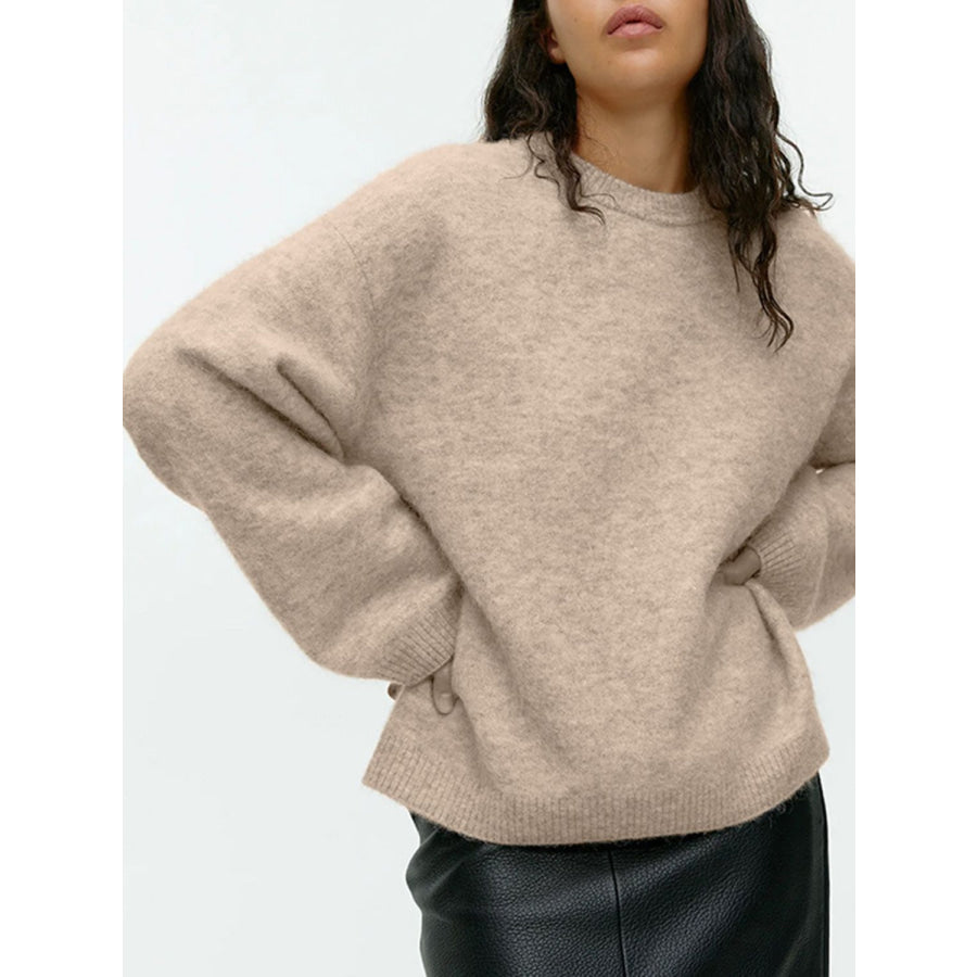 Round Neck Drop Shoulder Sweater Tan / One Size Apparel and Accessories