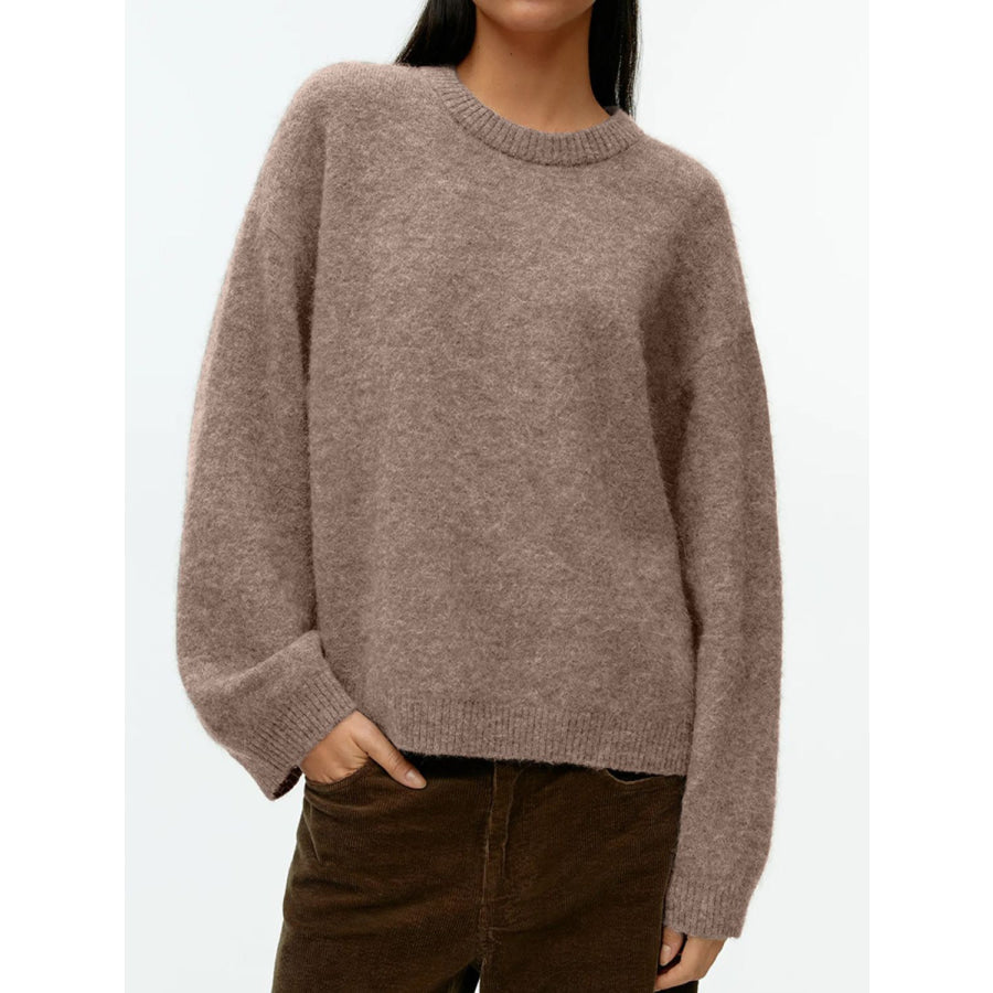 Round Neck Drop Shoulder Sweater Taupe / One Size Apparel and Accessories