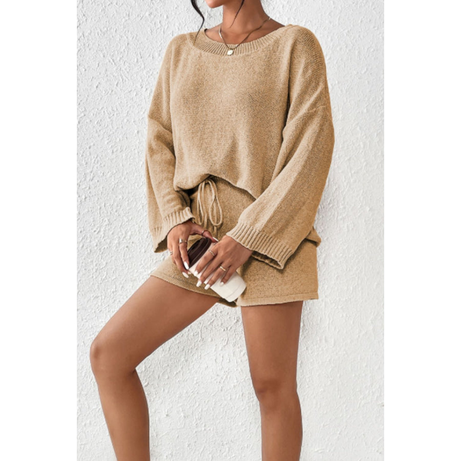 Round Neck Drop Shoulder Top and Shorts Sweater Set Apparel and Accessories