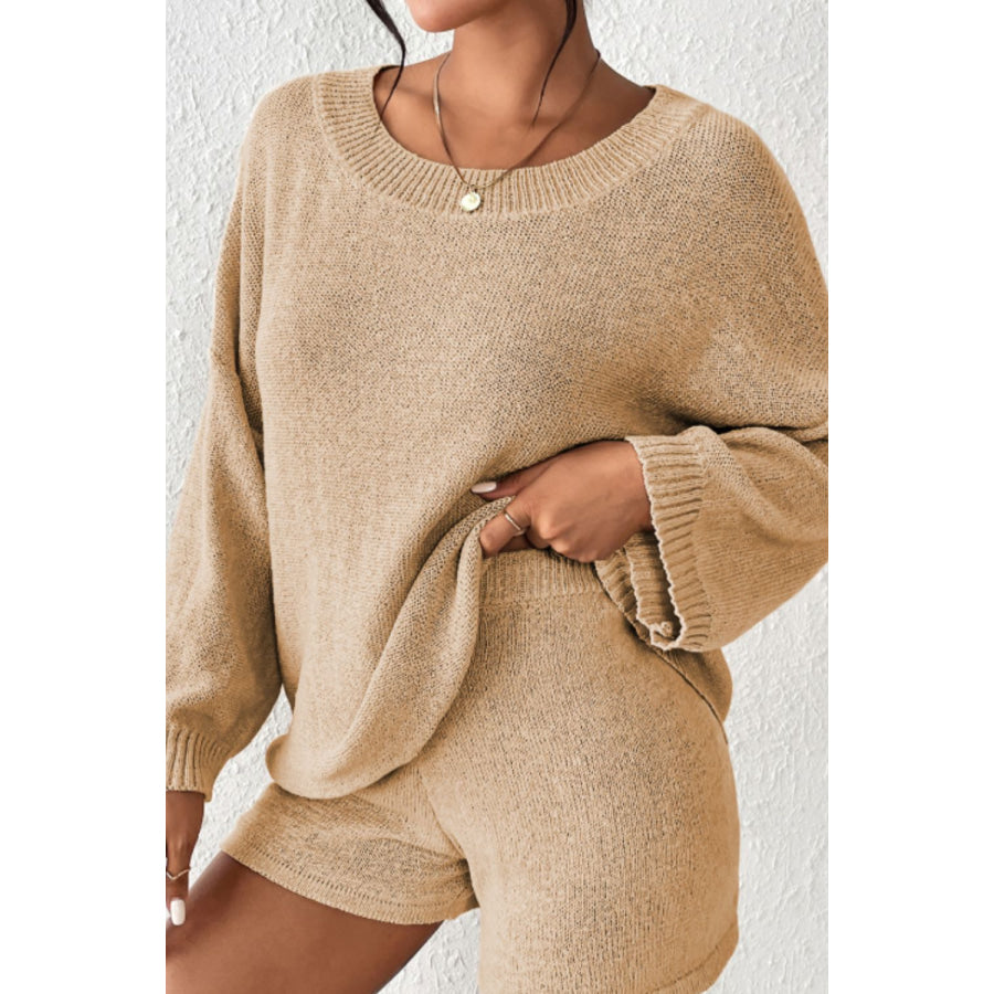 Round Neck Drop Shoulder Top and Shorts Sweater Set Apparel and Accessories