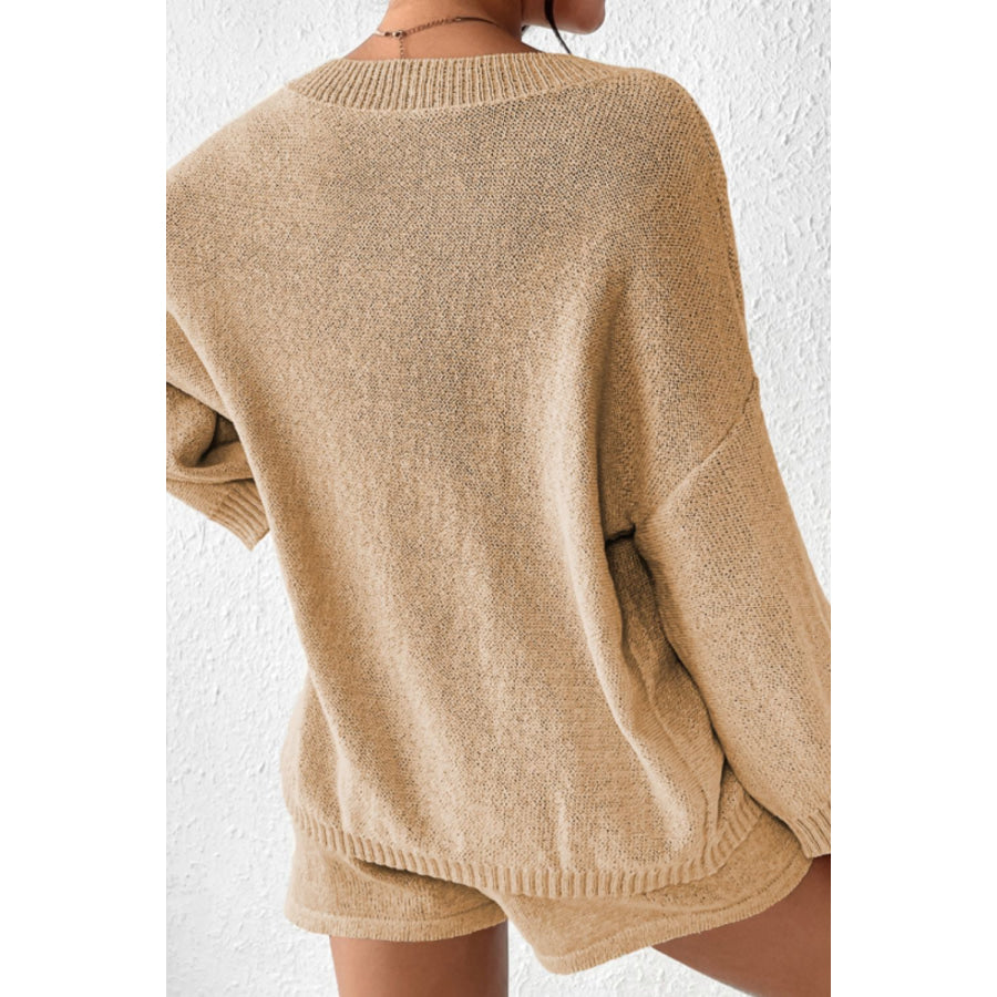 Round Neck Drop Shoulder Top and Shorts Sweater Set Apparel and Accessories