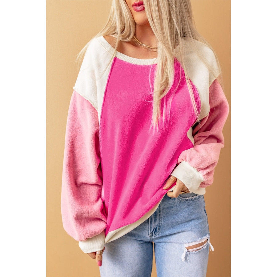 Round Neck Dropped Shoulder Color Block Sweatshirt Hot Pink / S