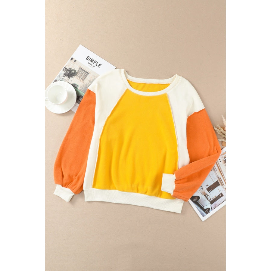 Round Neck Dropped Shoulder Color Block Sweatshirt Mustard / S