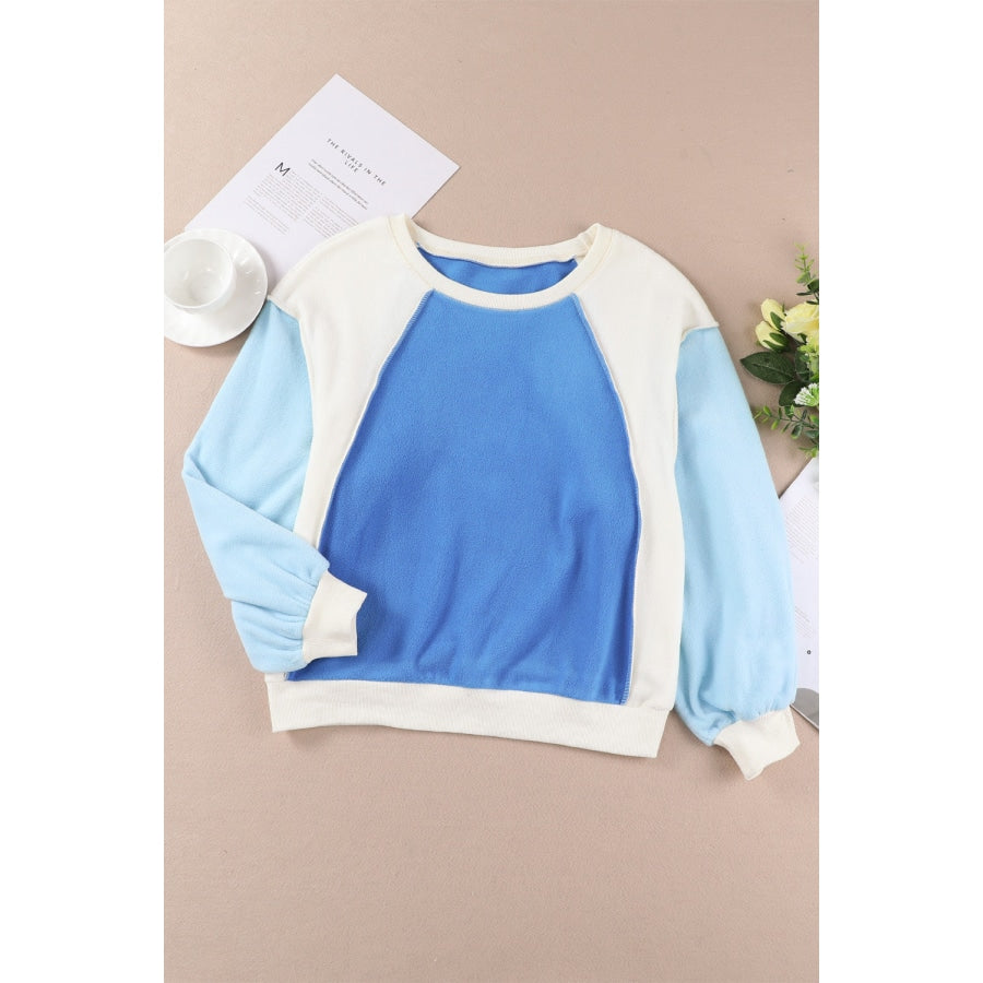 Round Neck Dropped Shoulder Color Block Sweatshirt Sky Blue / S