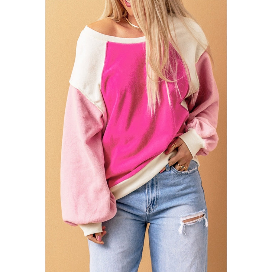 Round Neck Dropped Shoulder Color Block Sweatshirt