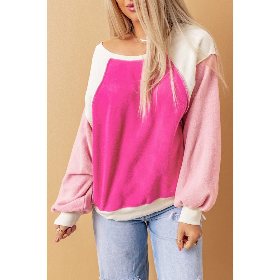 Round Neck Dropped Shoulder Color Block Sweatshirt