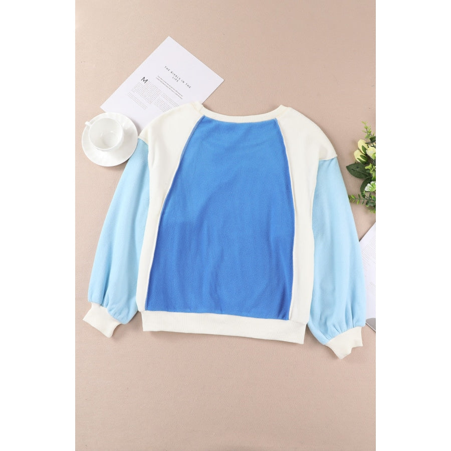 Round Neck Dropped Shoulder Color Block Sweatshirt