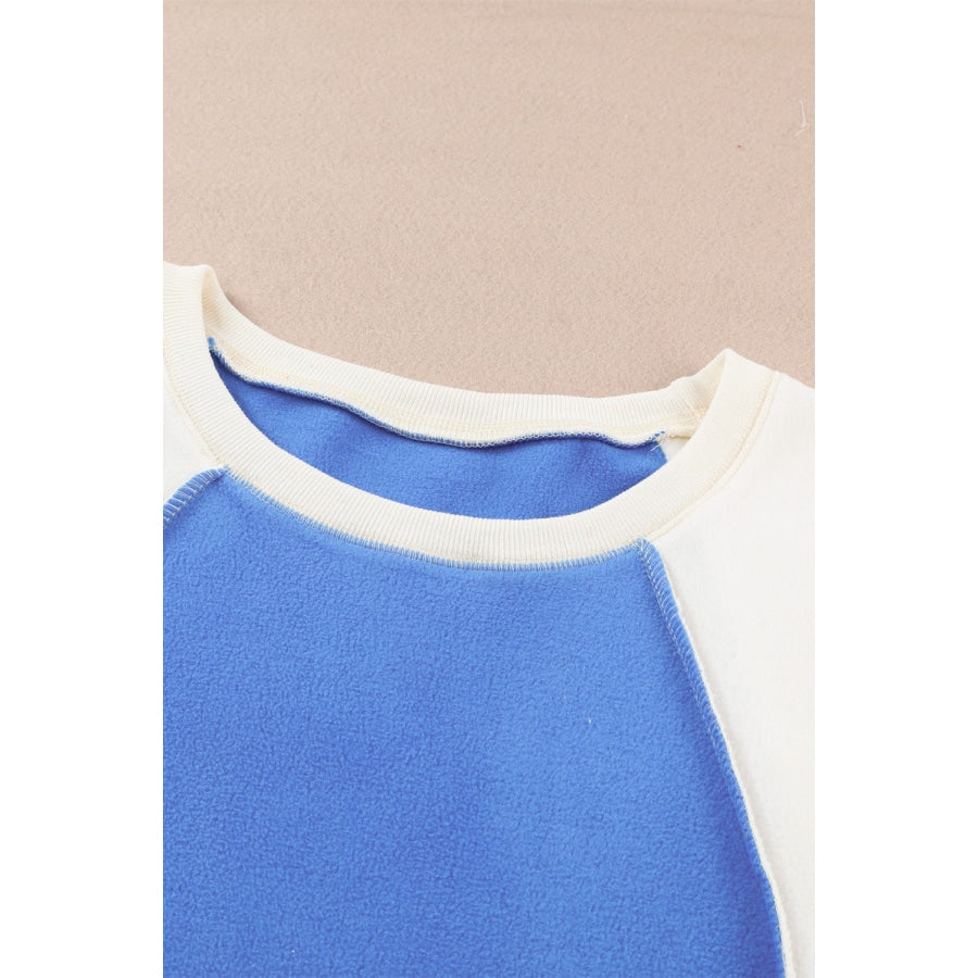 Round Neck Dropped Shoulder Color Block Sweatshirt