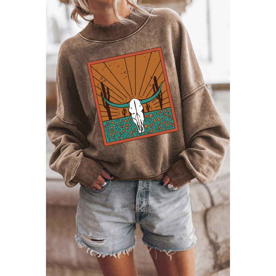Round Neck Dropped Shoulder Graphic Sweatshirt Camel / S Apparel and Accessories