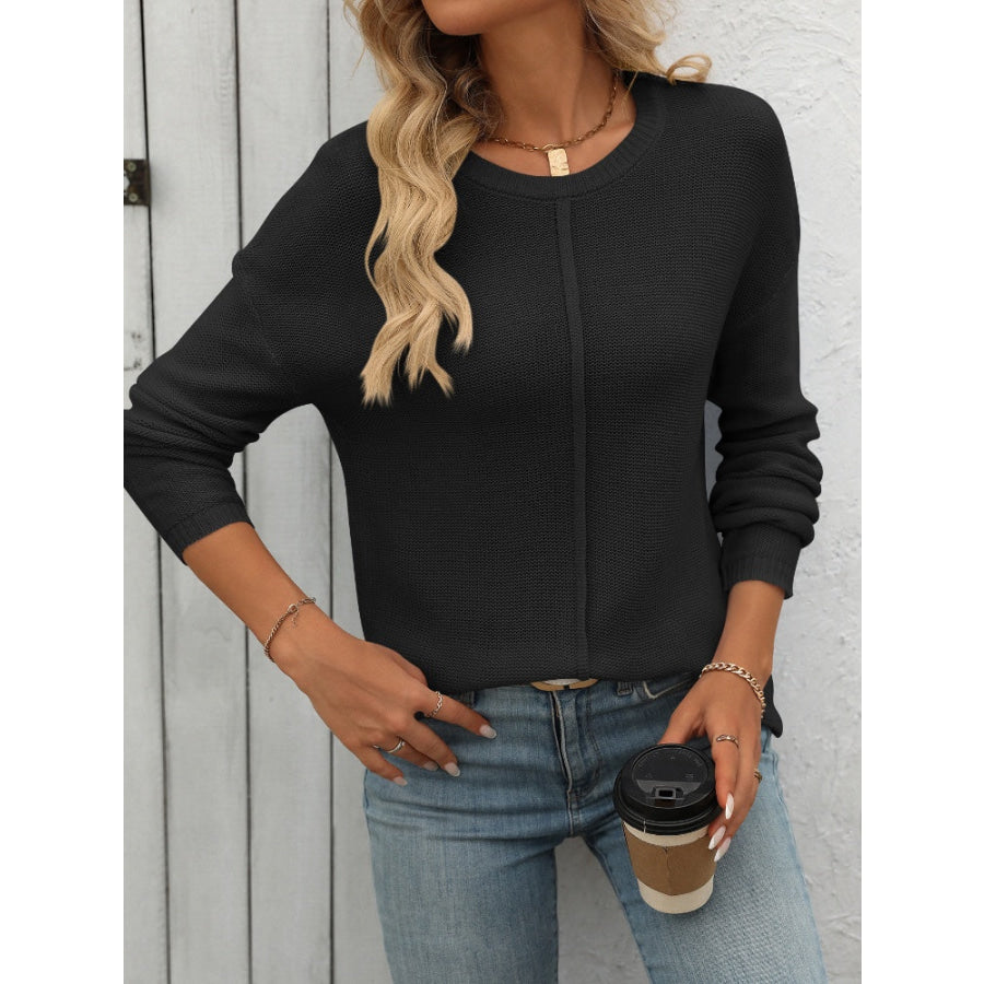 Round Neck Dropped Shoulder Knit Top Apparel and Accessories