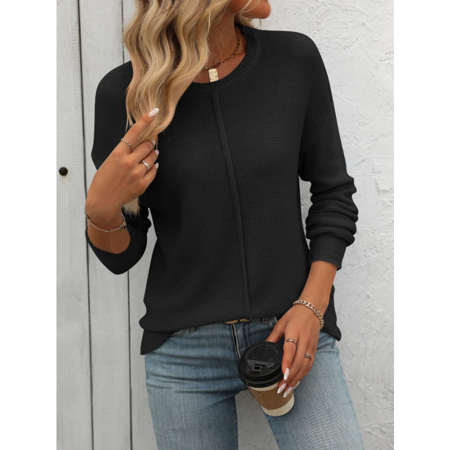 Round Neck Dropped Shoulder Knit Top Apparel and Accessories