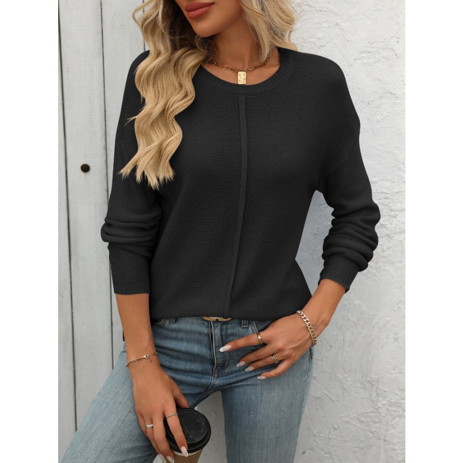 Round Neck Dropped Shoulder Knit Top Black / S Apparel and Accessories