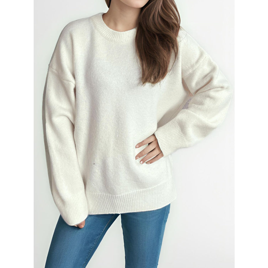 Round Neck Dropped Shoulder Long Sleeve Sweater Apparel and Accessories