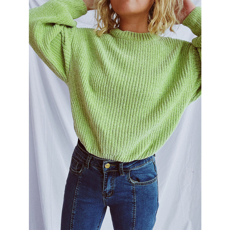 Round Neck Dropped Shoulder Long Sleeve Sweater Apparel and Accessories