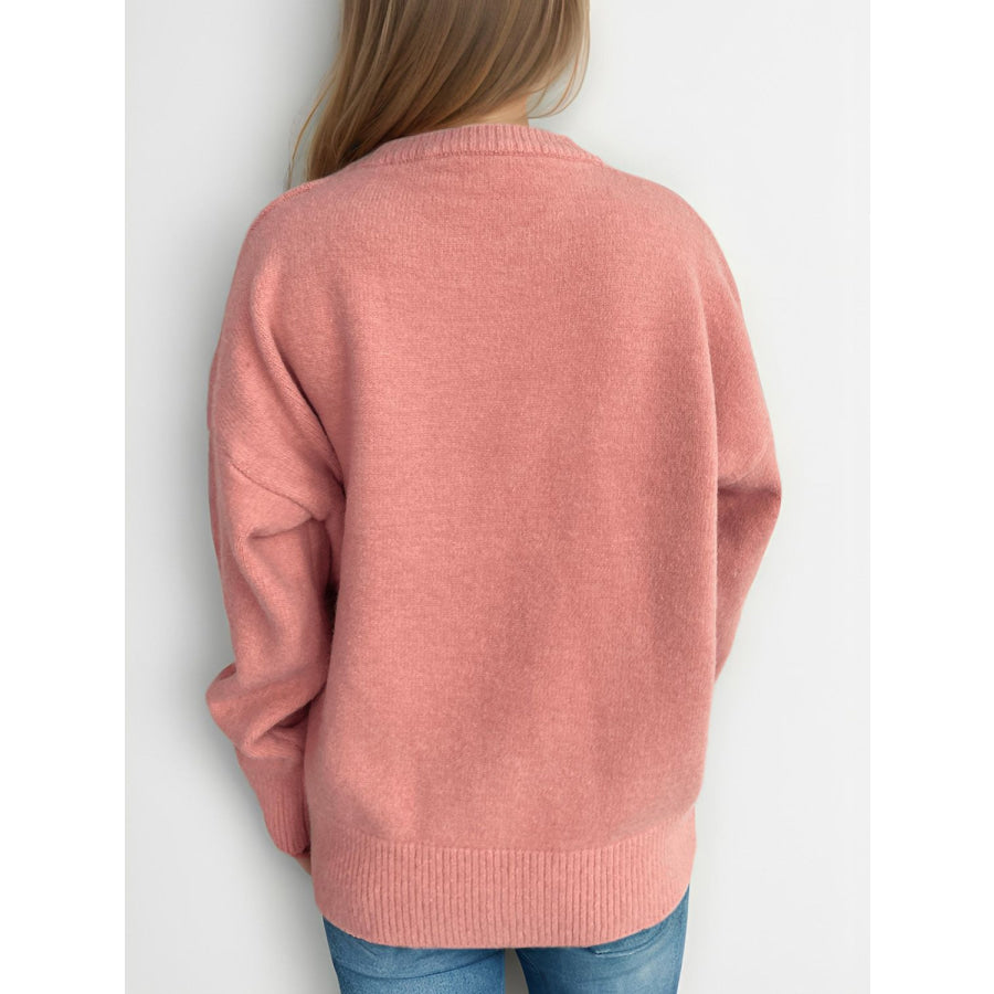 Round Neck Dropped Shoulder Long Sleeve Sweater Apparel and Accessories