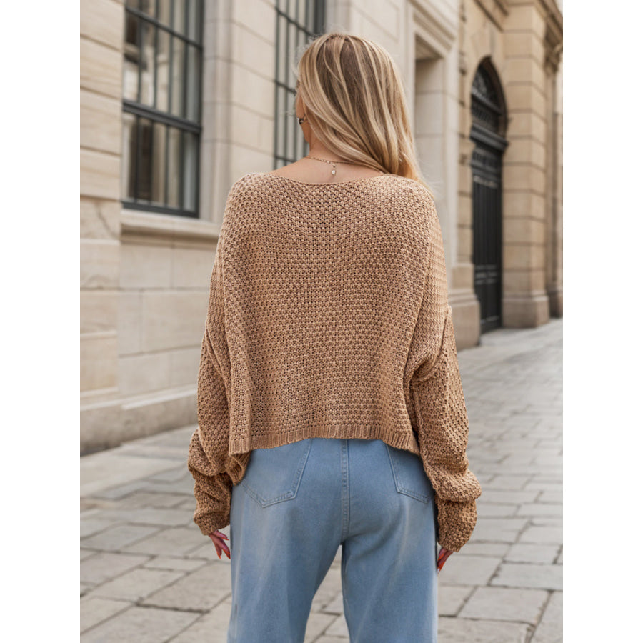 Round Neck Dropped Shoulder Long Sleeve Sweater Apparel and Accessories