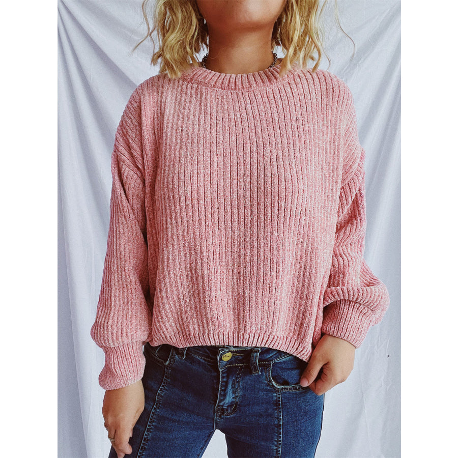 Round Neck Dropped Shoulder Long Sleeve Sweater Apparel and Accessories