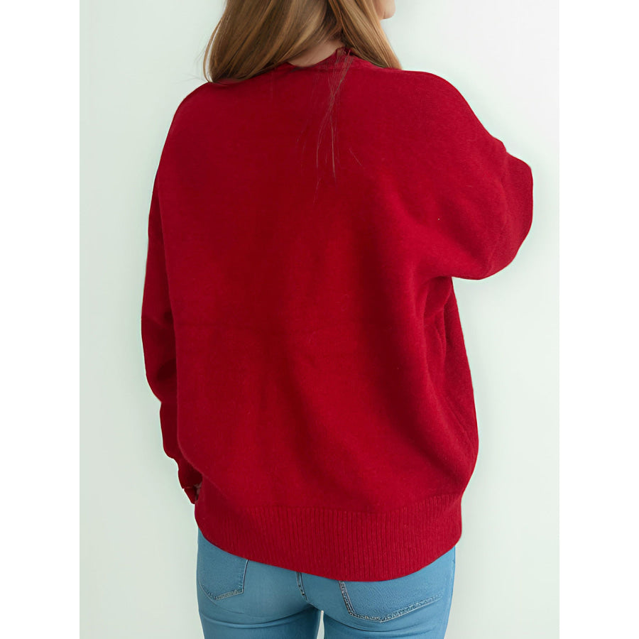 Round Neck Dropped Shoulder Long Sleeve Sweater Apparel and Accessories