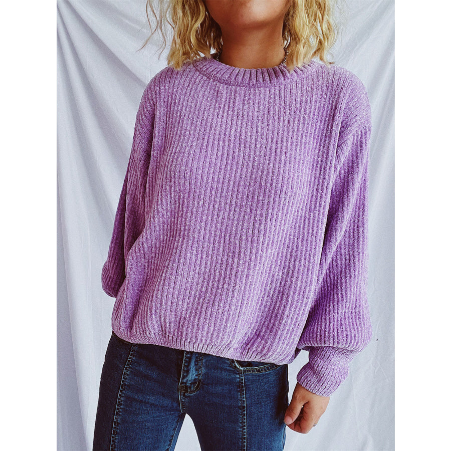 Round Neck Dropped Shoulder Long Sleeve Sweater Apparel and Accessories