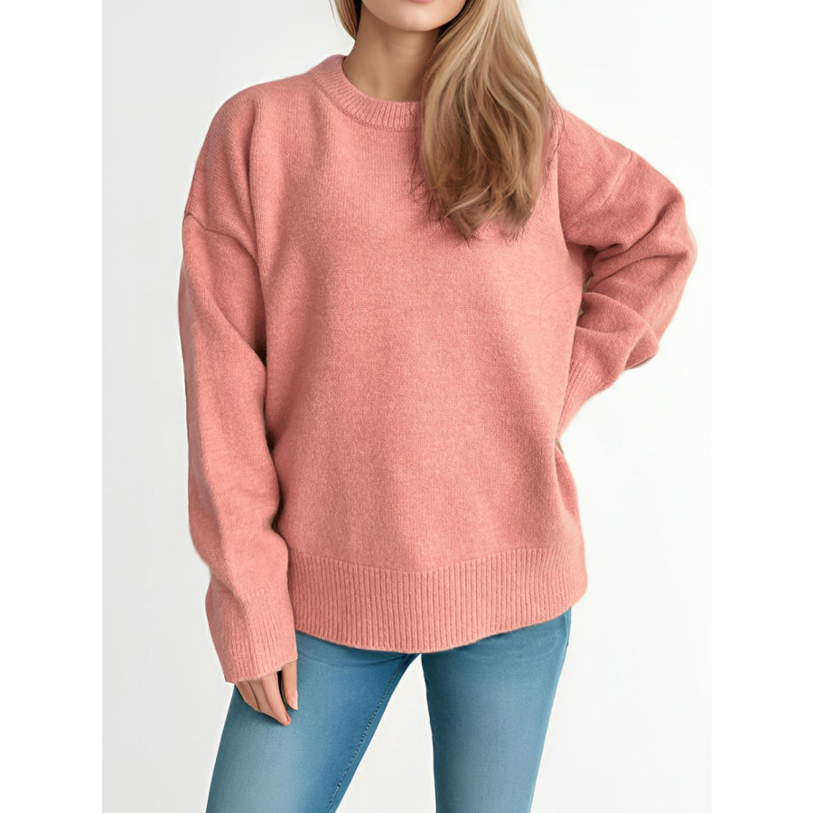 Round Neck Dropped Shoulder Long Sleeve Sweater Apparel and Accessories