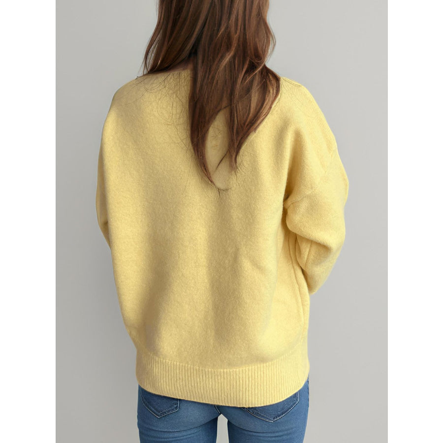 Round Neck Dropped Shoulder Long Sleeve Sweater Apparel and Accessories