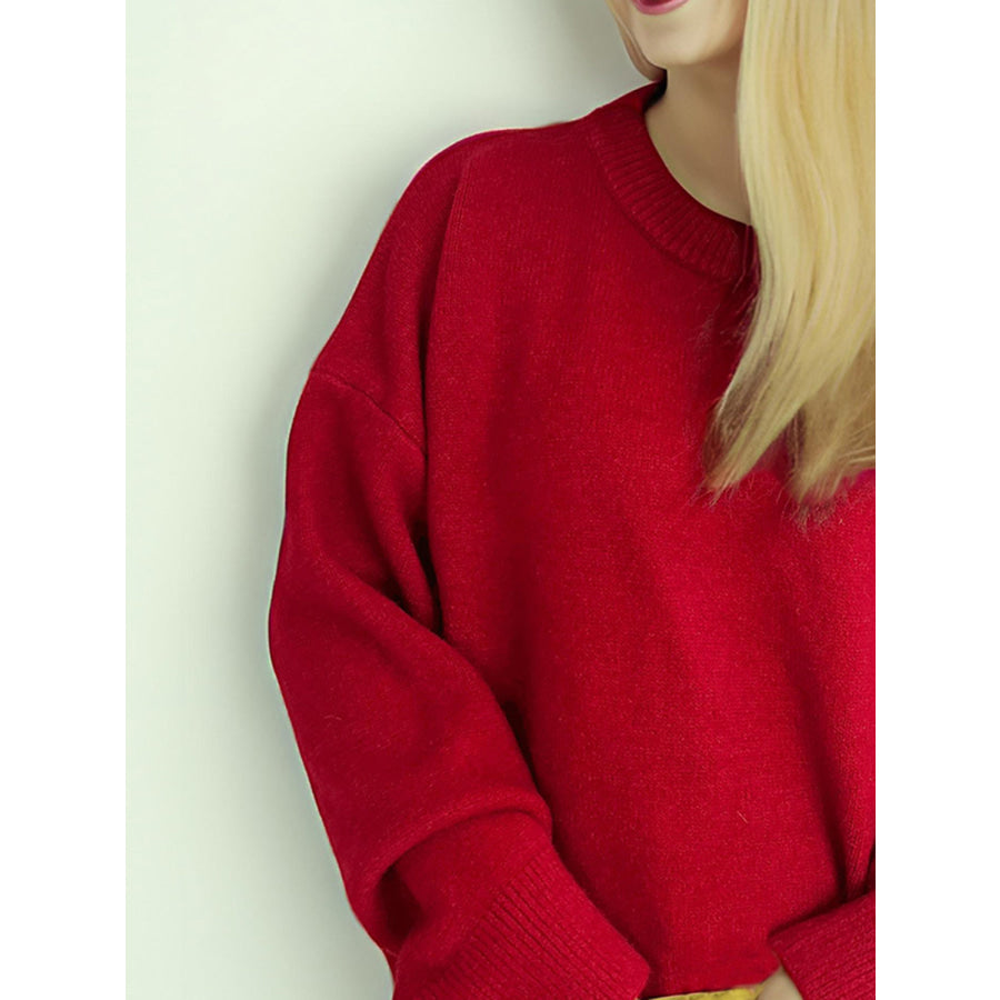 Round Neck Dropped Shoulder Long Sleeve Sweater Apparel and Accessories