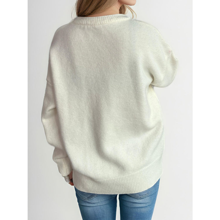 Round Neck Dropped Shoulder Long Sleeve Sweater Apparel and Accessories