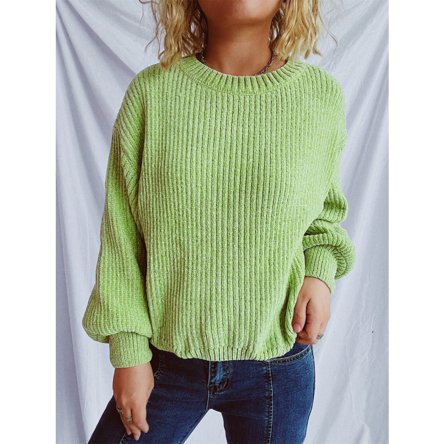 Round Neck Dropped Shoulder Long Sleeve Sweater Apparel and Accessories