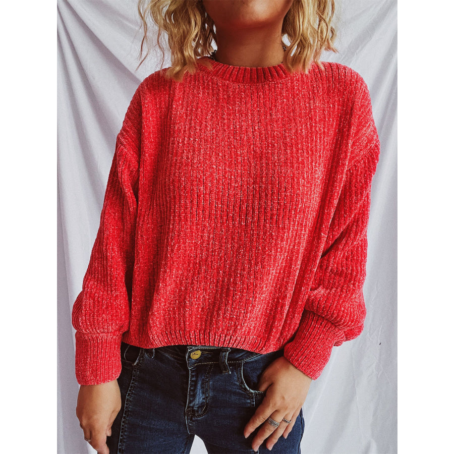 Round Neck Dropped Shoulder Long Sleeve Sweater Apparel and Accessories