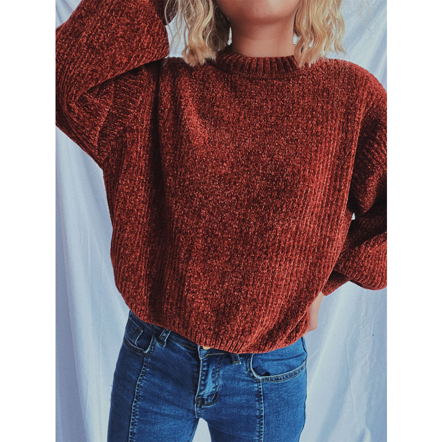 Round Neck Dropped Shoulder Long Sleeve Sweater Apparel and Accessories