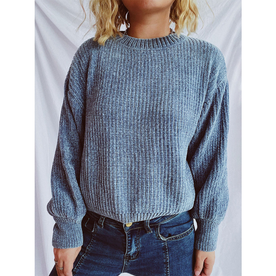 Round Neck Dropped Shoulder Long Sleeve Sweater Apparel and Accessories