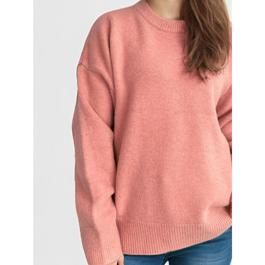 Round Neck Dropped Shoulder Long Sleeve Sweater Apparel and Accessories