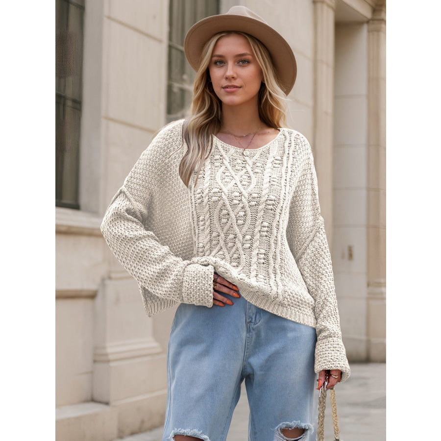 Round Neck Dropped Shoulder Long Sleeve Sweater Apparel and Accessories