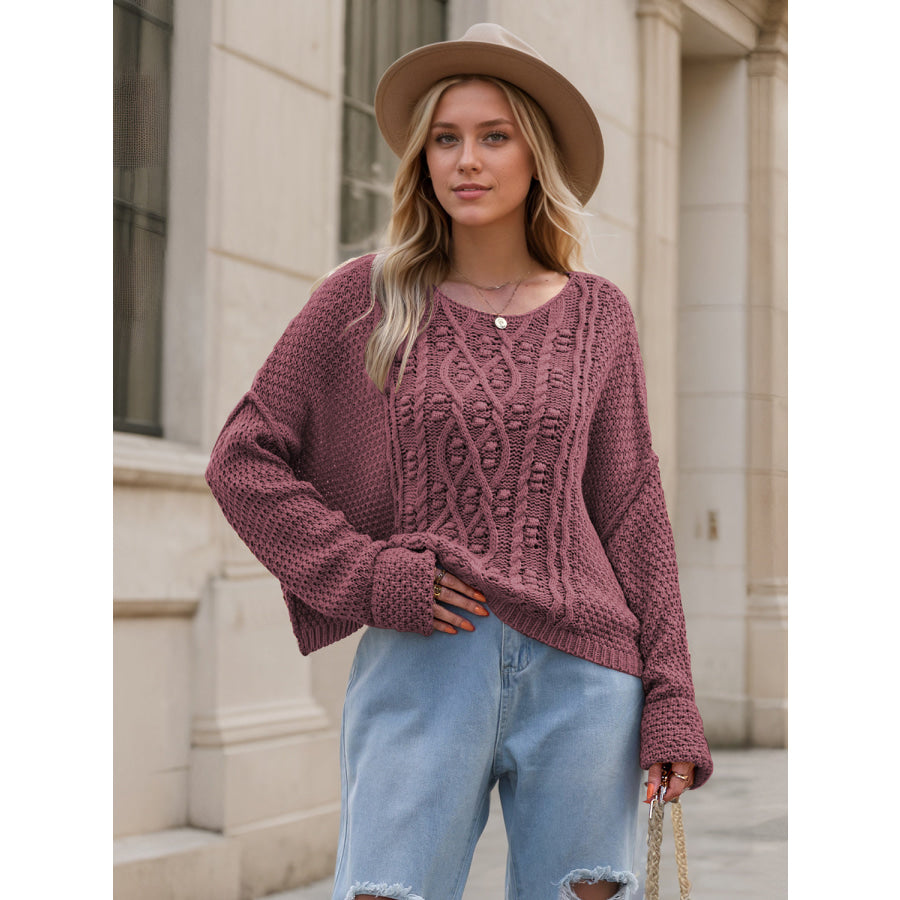 Round Neck Dropped Shoulder Long Sleeve Sweater Apparel and Accessories