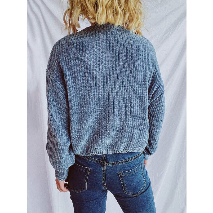 Round Neck Dropped Shoulder Long Sleeve Sweater Light Blue / One Size Apparel and Accessories