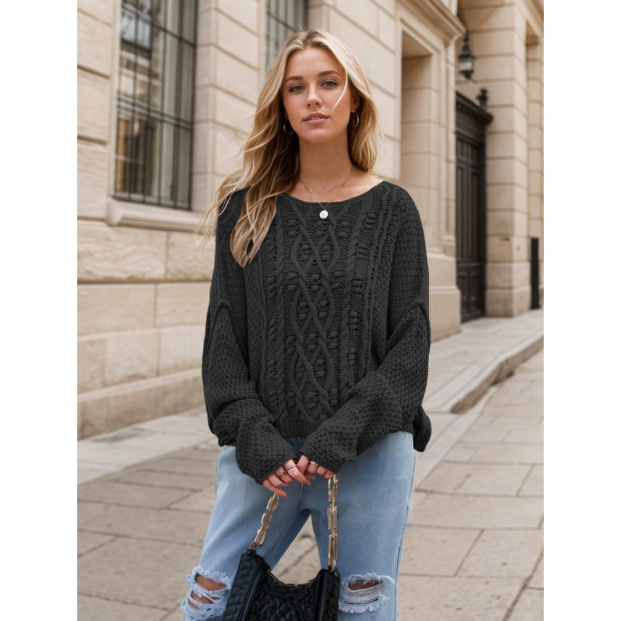 Round Neck Dropped Shoulder Long Sleeve Sweater Apparel and Accessories