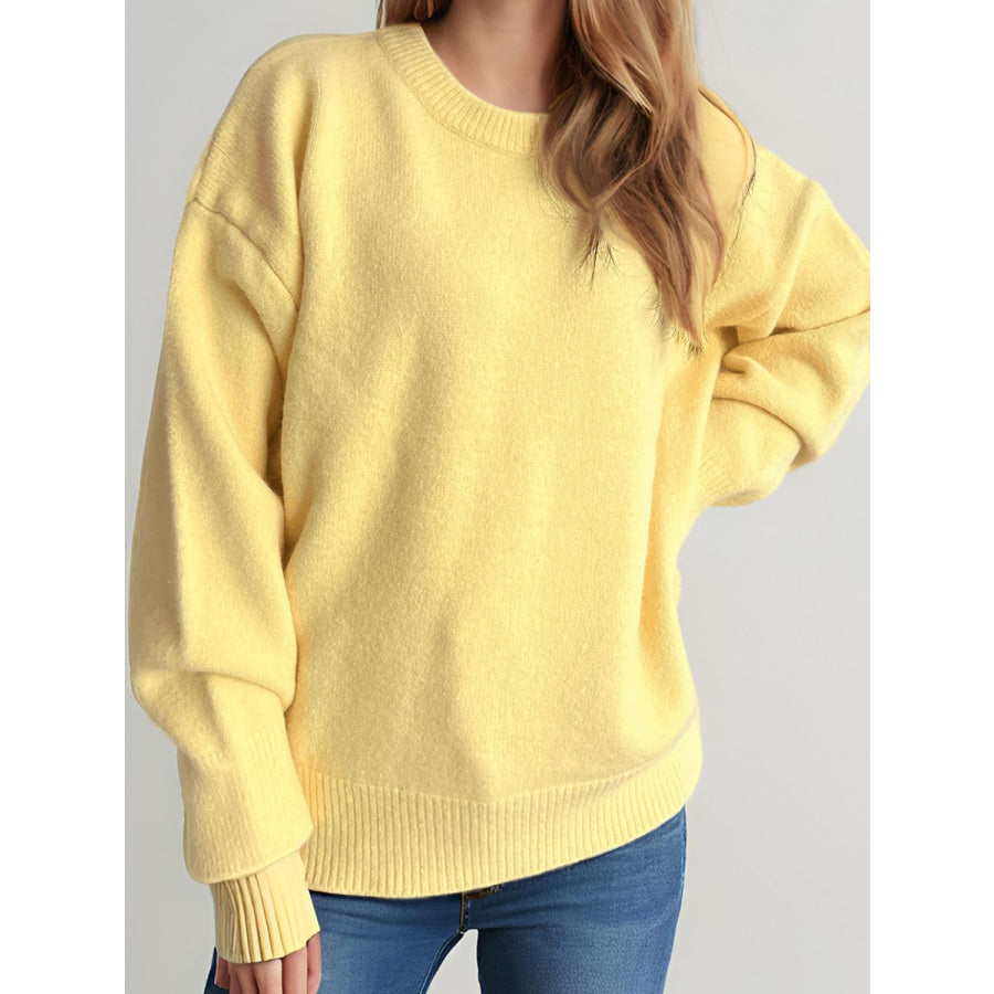 Round Neck Dropped Shoulder Long Sleeve Sweater Apparel and Accessories