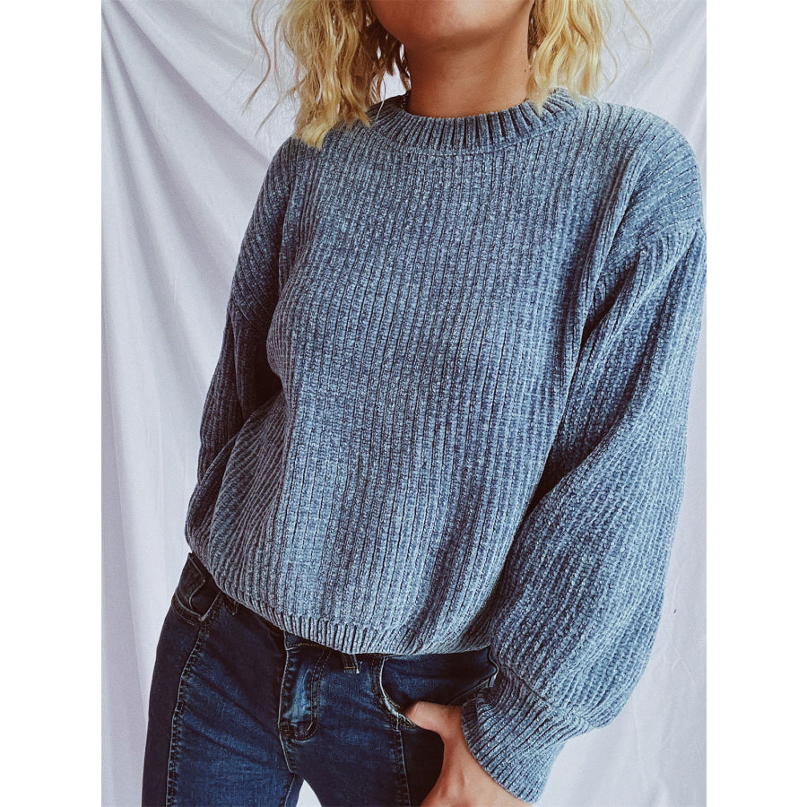 Round Neck Dropped Shoulder Long Sleeve Sweater Apparel and Accessories