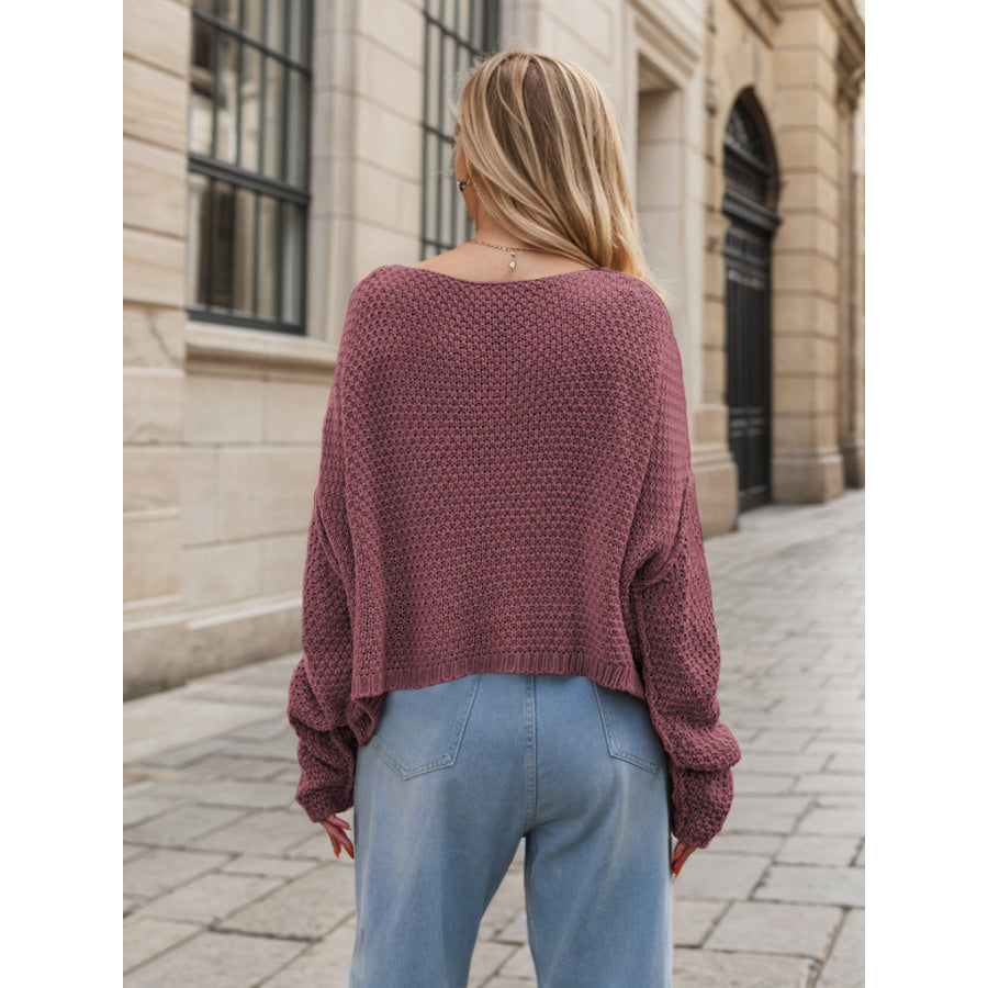 Round Neck Dropped Shoulder Long Sleeve Sweater Apparel and Accessories