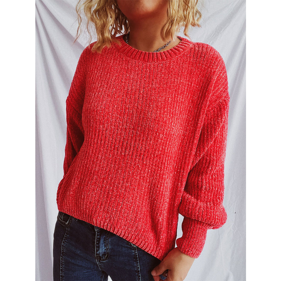 Round Neck Dropped Shoulder Long Sleeve Sweater Apparel and Accessories