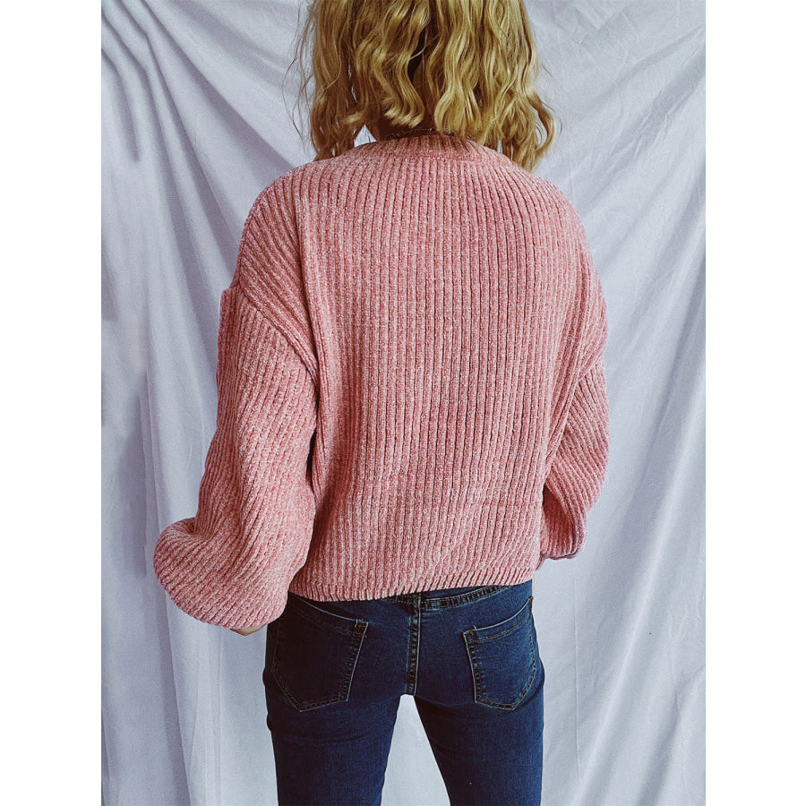 Round Neck Dropped Shoulder Long Sleeve Sweater Apparel and Accessories