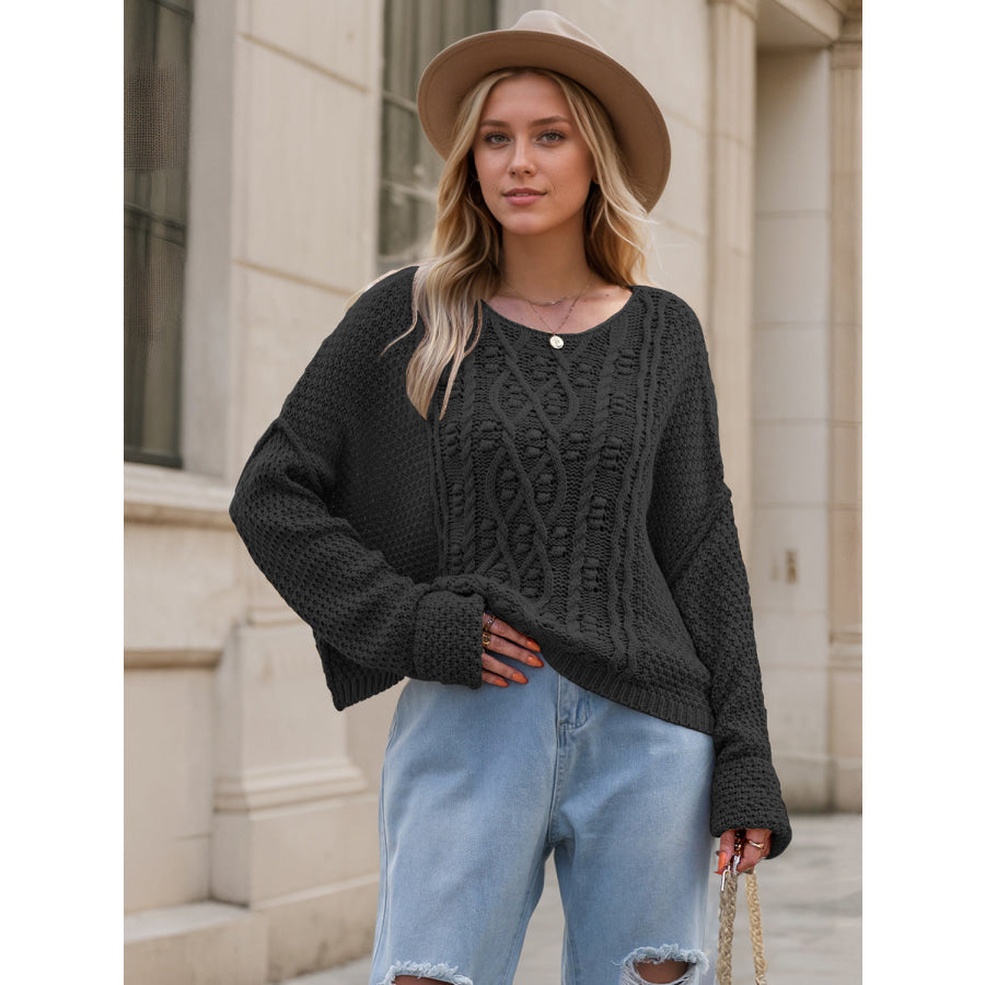 Round Neck Dropped Shoulder Long Sleeve Sweater Black / S Apparel and Accessories